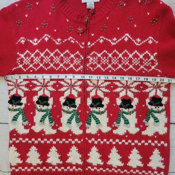 Croft & Barrow Size L Vintage Red Ugly Christmas Full Zip Cardigan Snowmen - Picture 7 of 10
